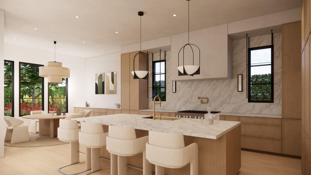 Artist rendering of Gourmet Kitchen & Breakfast Area offer many windows to let in natural light. Custom site-built cabinets offer pot/pan drawers, Designer selected light & plumbing fixtures & quartz backsplash.
