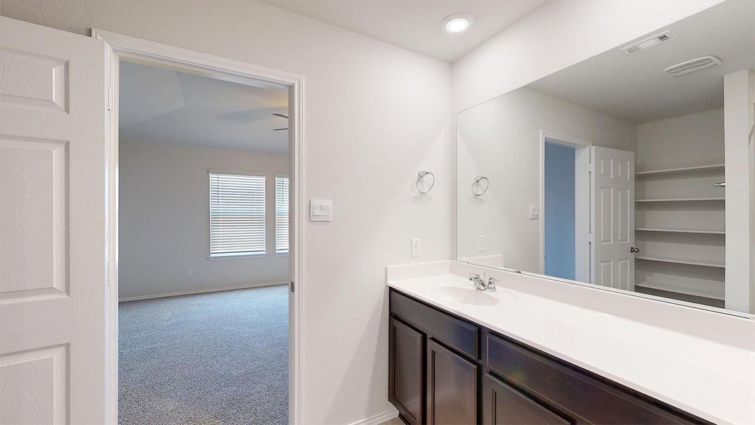 A well-appointed vanity with a large mirror provides ample space for personal care.