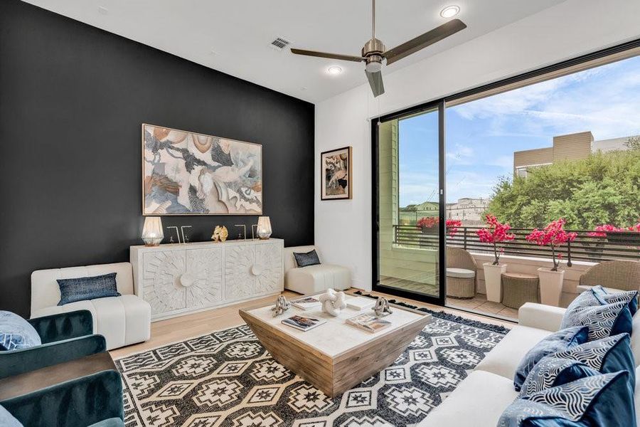 Flex room/ Gameroom or 3rd bedroom with tall sliding glass doors leading out to roof terrace with full view!  Similar plan and finishes minus the accent wall.