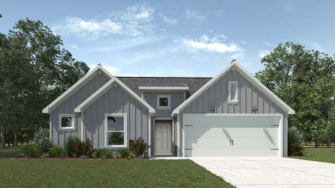 Modern inspired farmhouse with a front lawn, board and batten siding, concrete driveway, and roof with shingles Modern inspired farmhouse with a front lawn, board and batten siding, concrete driveway, and roof with shingles