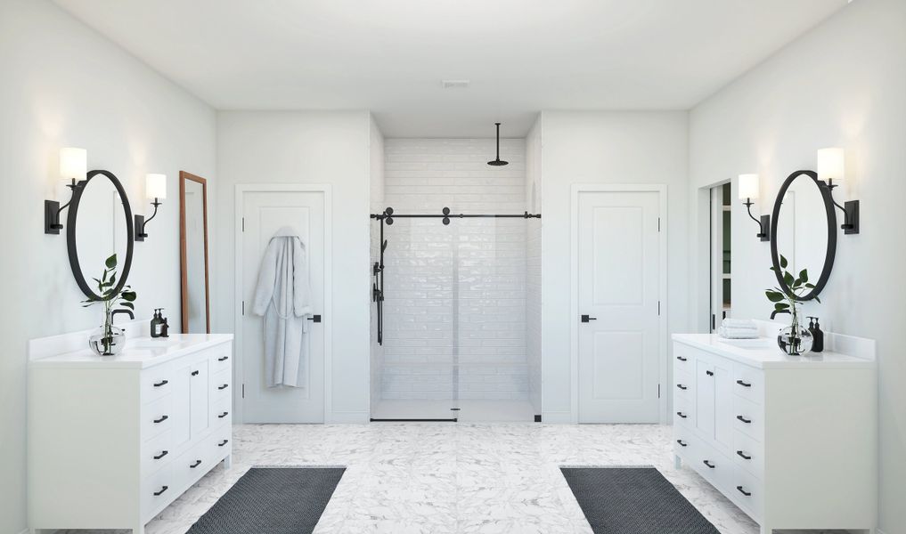 Primary bath with dual vanities and freestanding vanity