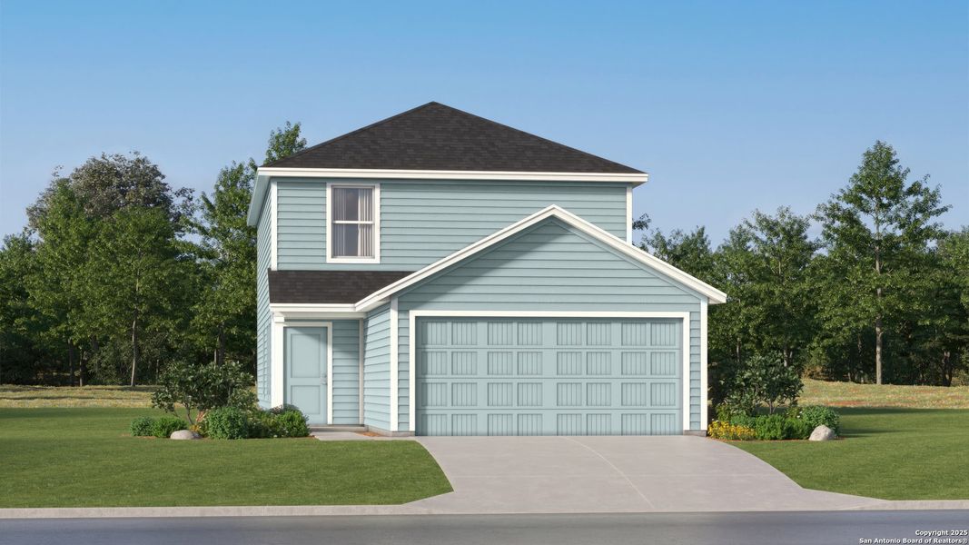 Front exterior of a new home in Navarro Ranch: Belmar Collection, Seguin, TX, highlighting curb appeal (Image 1). Front exterior of a new home in Navarro Ranch: Belmar Collection, Seguin, TX, highlighting curb appeal (Image 1).