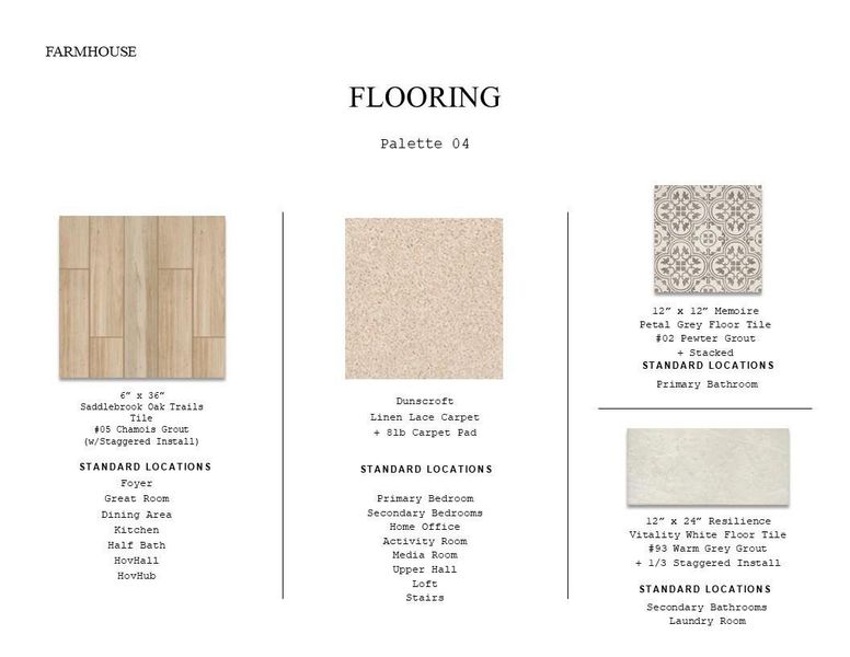 Farmhouse Look Palette 4: Flooring Selection Sheet (*Artist rendering used for illustration purposes only.) Farmhouse Look Palette 4: Flooring Selection Sheet (*Artist rendering used for illustration purposes only.)