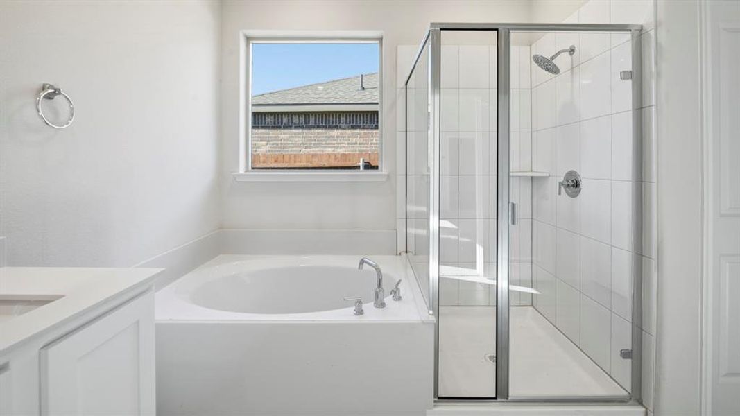 Bathroom featuring a garden tub, vanity, and a shower stall