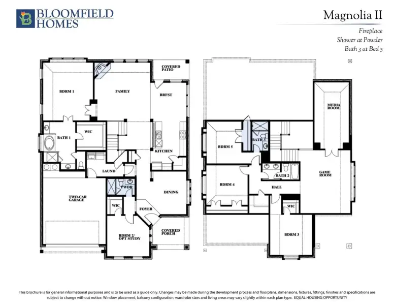 Bloomfield Homes Magnolia II two-story floor plan with five bedrooms, game room, media room, and two-car garage. Bloomfield Homes Magnolia II two-story floor plan with five bedrooms, game room, media room, and two-car garage.