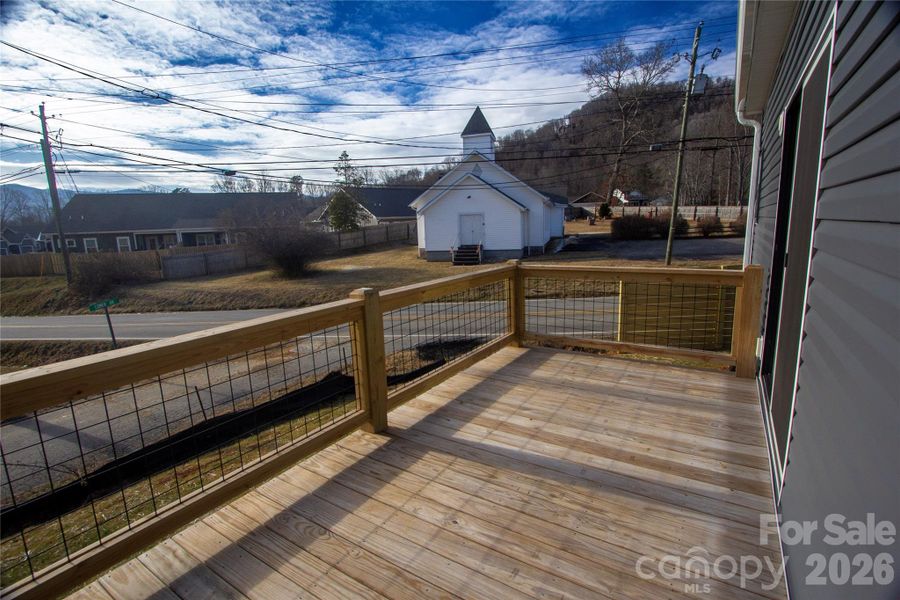 Sunny rear deck w/ Mountain and chapel views