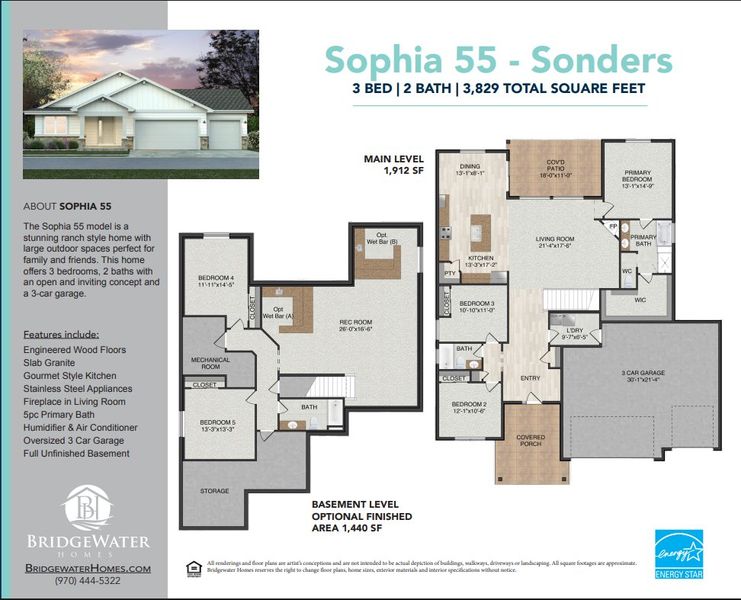 2D floor plan layout for the Sophia 55 Sonders by Bridgewater Homes in Sonders Fort Collins, Fort Collins, CO (Image 2).
