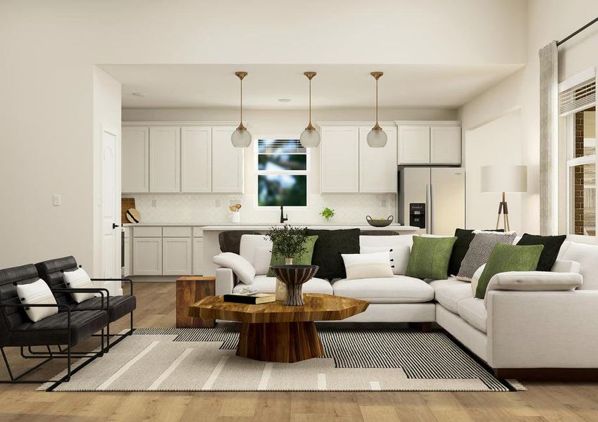 Rendering of dinning room showing the kitchen with while cabinets in the back. The room is furnished with a large sectional couch and two side chairs.