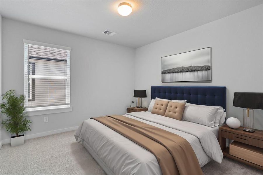 Secondary bedroom features plush carpet, custom paint, high ceilings, and large window with privacy blinds.