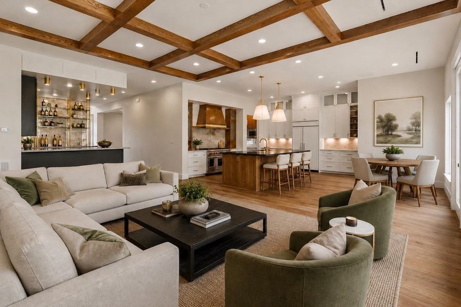 The inviting family room flows seamlessly into the gourmet kitchen and sophisticated home bar, creating an open-concept design that’s ideal for both everyday living and effortless entertaining. Rich wood ceiling beams, a statement island, and an elegant wet bar combine to create a warm, luxurious gathering space where family and guests naturally come together.  Virtually staged to illustrate furnishing possibilities