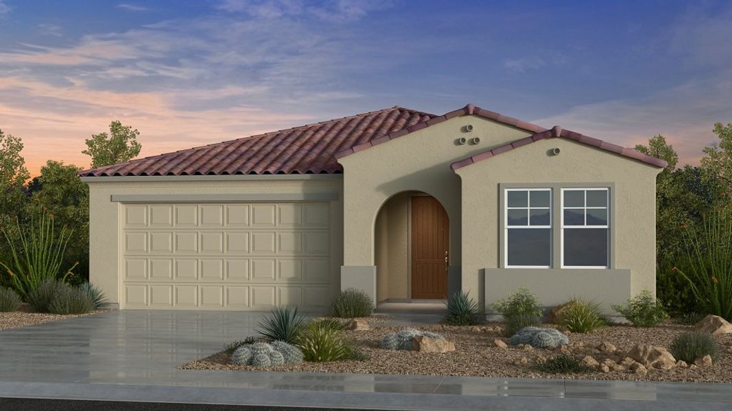 Front exterior of a new home in Hawes Crossing, Mesa, AZ, highlighting curb appeal (Image 1). Front exterior of a new home in Hawes Crossing, Mesa, AZ, highlighting curb appeal (Image 1).