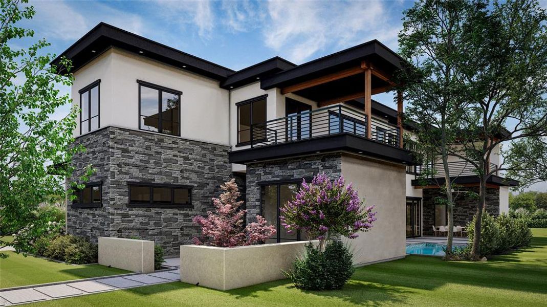 View of front of house with a front lawn and a balcony