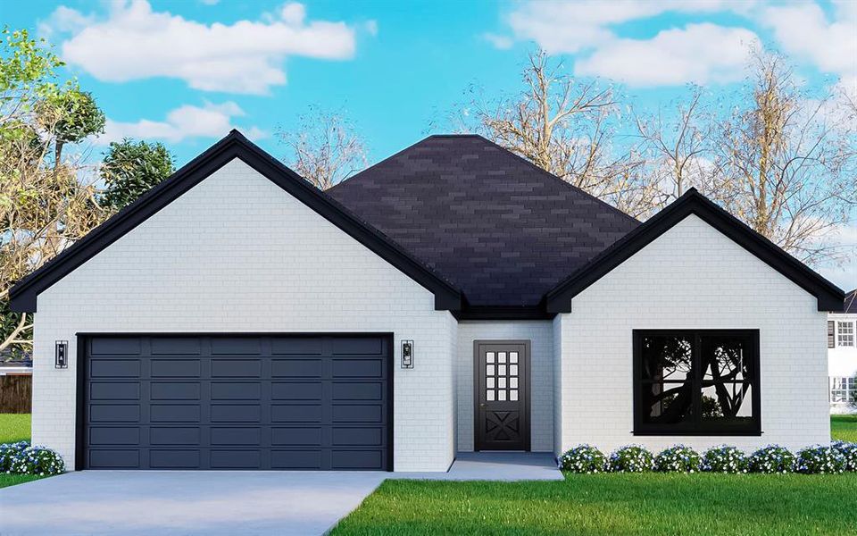 View of front of property featuring an attached garage, a front lawn, and concrete driveway