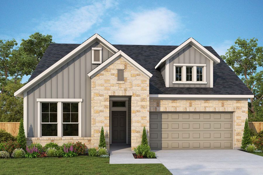 Front exterior of a new home in Treeline, Justin, TX, highlighting curb appeal (Image 2). Front exterior of a new home in Treeline, Justin, TX, highlighting curb appeal (Image 2).