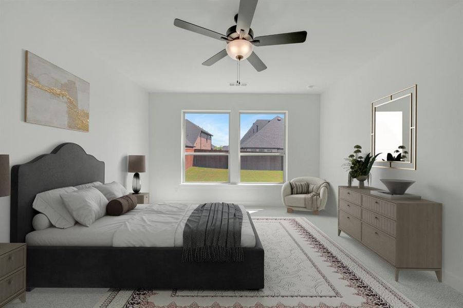 Spacious room featuring dual windows, light-colored walls, ceiling fan with integrated lighting, and carpet flooring