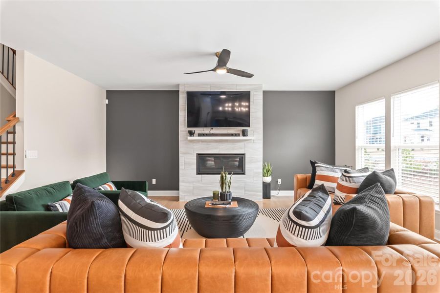 This fashionable fireplace makes a great accent from any view