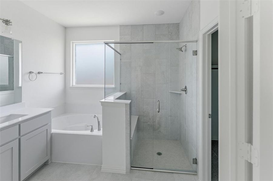 Bathroom featuring vanity, a garden tub, and a stall shower