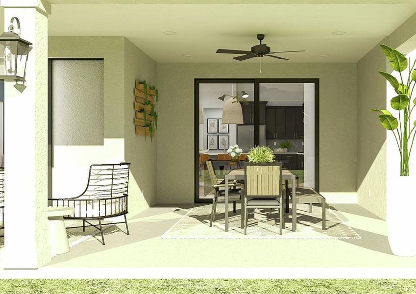 Rendering of the covered patio centered
  on a table in front of sliding glass doors that open to the indoor dining
  room. An outdoor sitting area is also visible opposite a large potted plant.