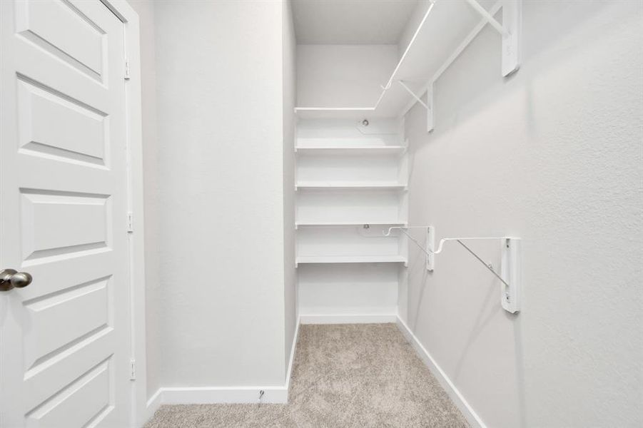 Experience luxury in this spacious walk-in closet with high ceilings and plush carpet. Warm paint tones, built-in shelving, and dark finishes create a contemporary and functional retreat. Sample photo of completed home with similar floor plan. Actual colors and selections may vary.