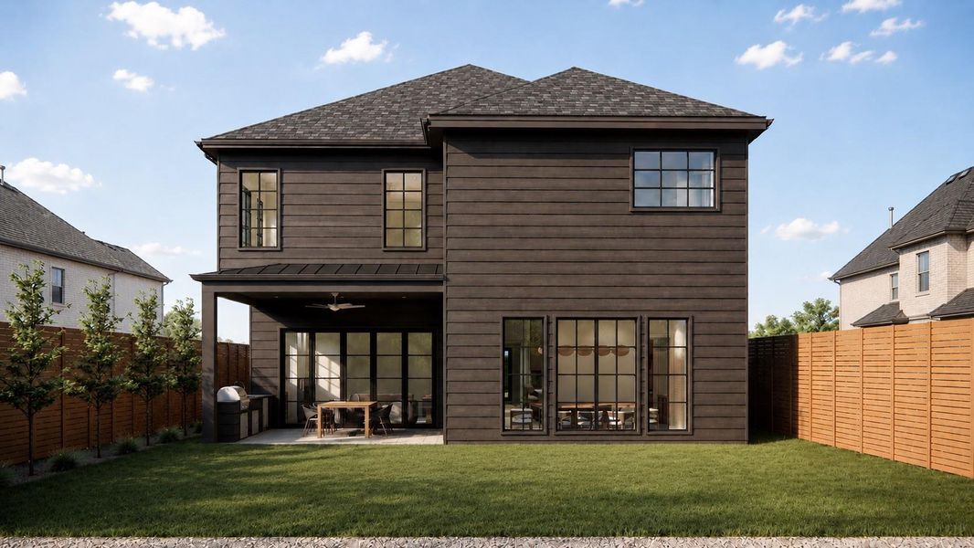 Rendering: Large backyard with covered patio and outdoor kitchen.