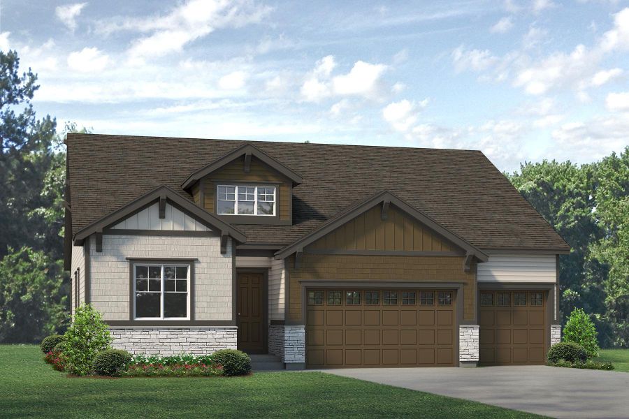 Representative exterior photo of a completed home built from the Minturn by Risewell Homes in Highlands Preserve, Mead, CO (Image 19).