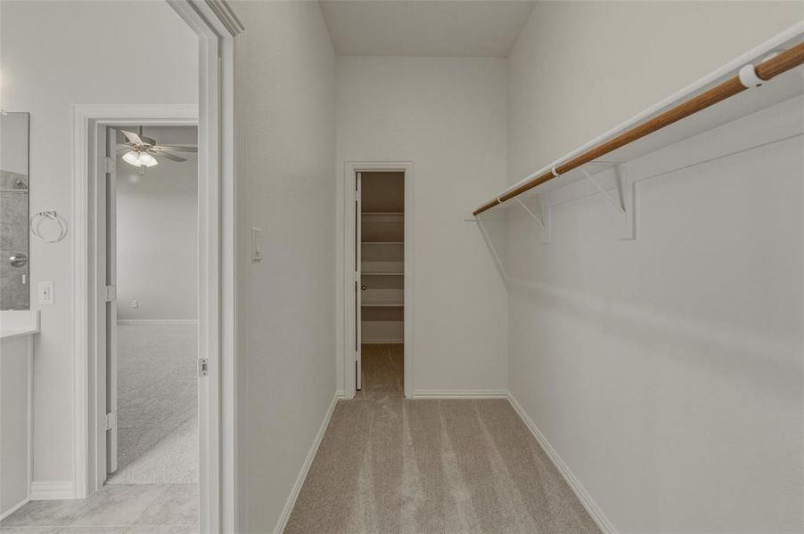 Neutral-toned carpeted closet featuring a built-in hanging rod and shelving system Neutral-toned carpeted closet featuring a built-in hanging rod and shelving system