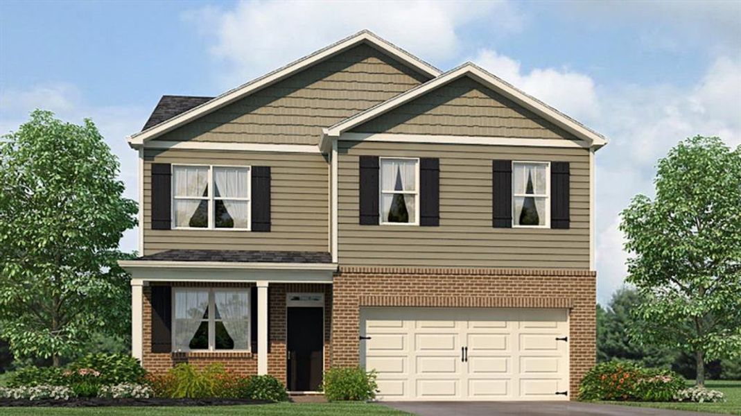 Front exterior of a new home in Oaks at Cedar Grove, Fairburn, GA, highlighting curb appeal (Image 1).