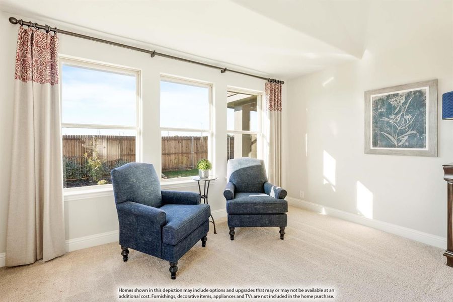Sitting area with two blue armchairs, carpet flooring, and large windows with patterned curtains Sitting area with two blue armchairs, carpet flooring, and large windows with patterned curtains