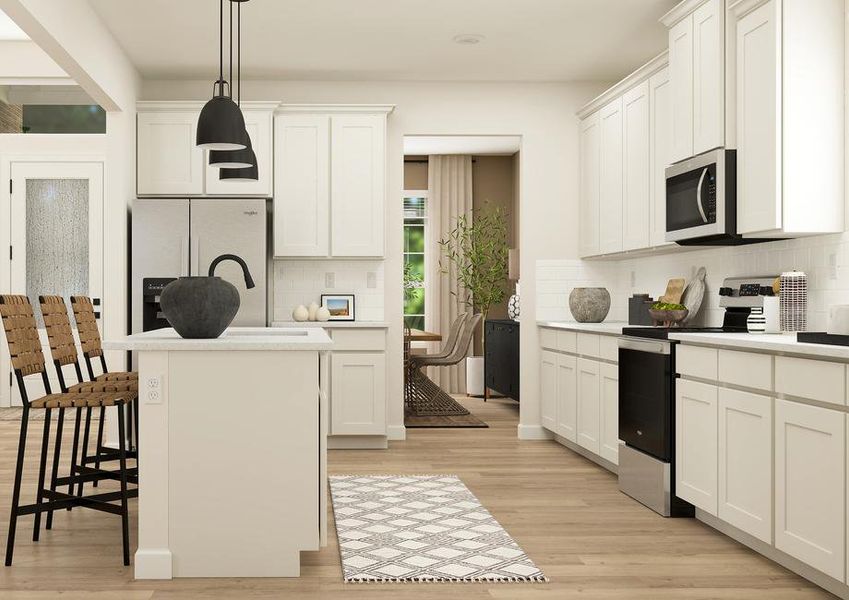 Rendering of kitchen with
  white cabinets and stainless steal appliances.