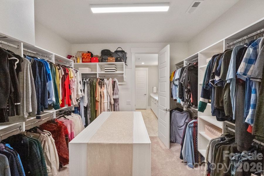 HUGE primary closet- custom shelving and upgraded door that leads to the laundry room!!