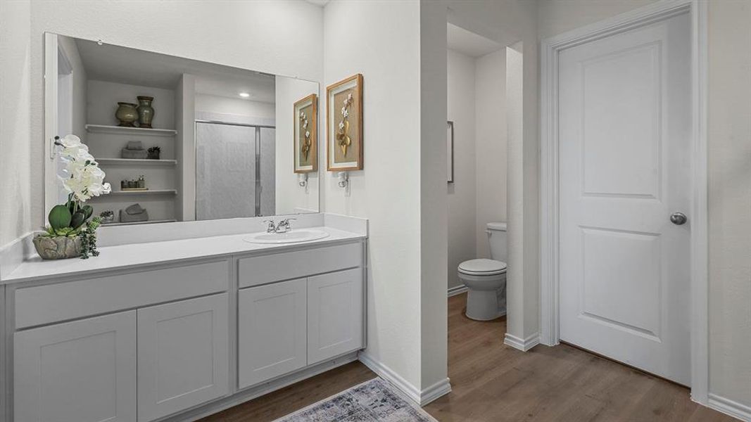 The property features a bathroom with a white vanity and countertop, a large mirror, and wood-look flooring