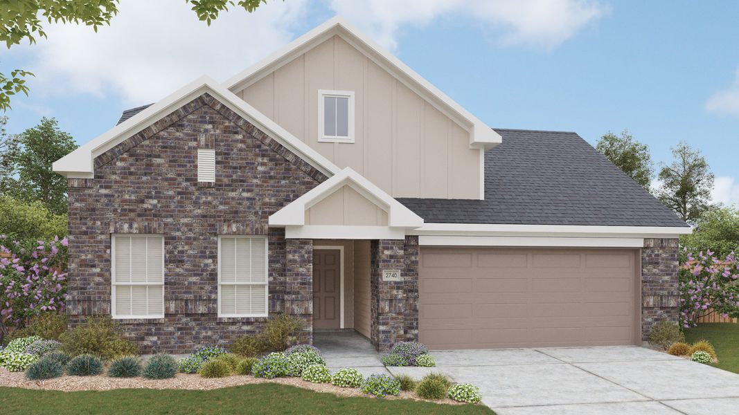 Representative exterior photo of a completed home built from the Meyerson by DRB Homes in Opal Ranch, Kyle, TX (Image 7). Representative exterior photo of a completed home built from the Meyerson by DRB Homes in Opal Ranch, Kyle, TX (Image 7).