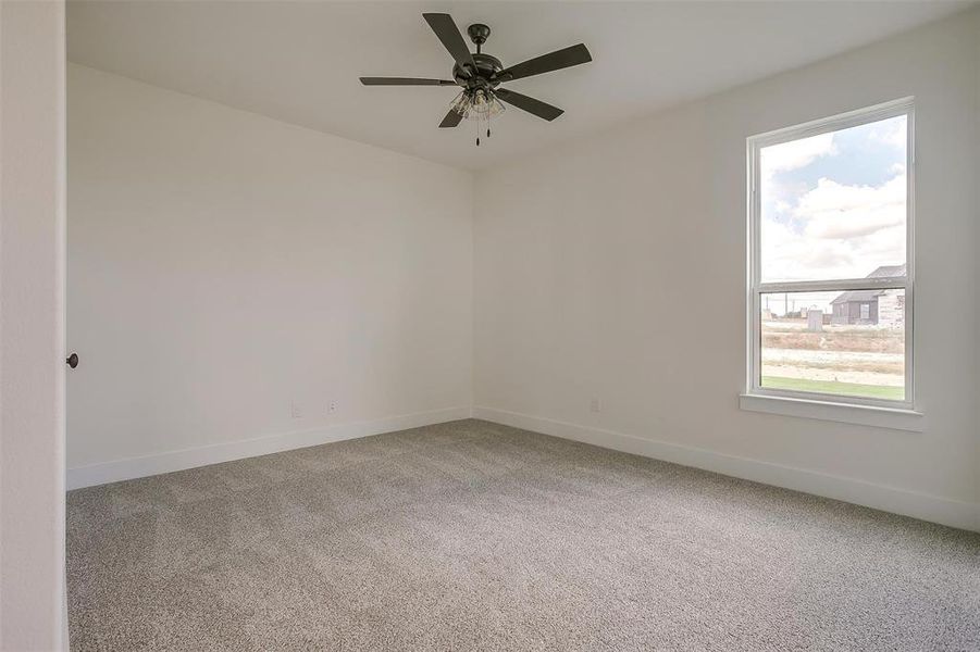 Spare room featuring ceiling fan and carpet flooring