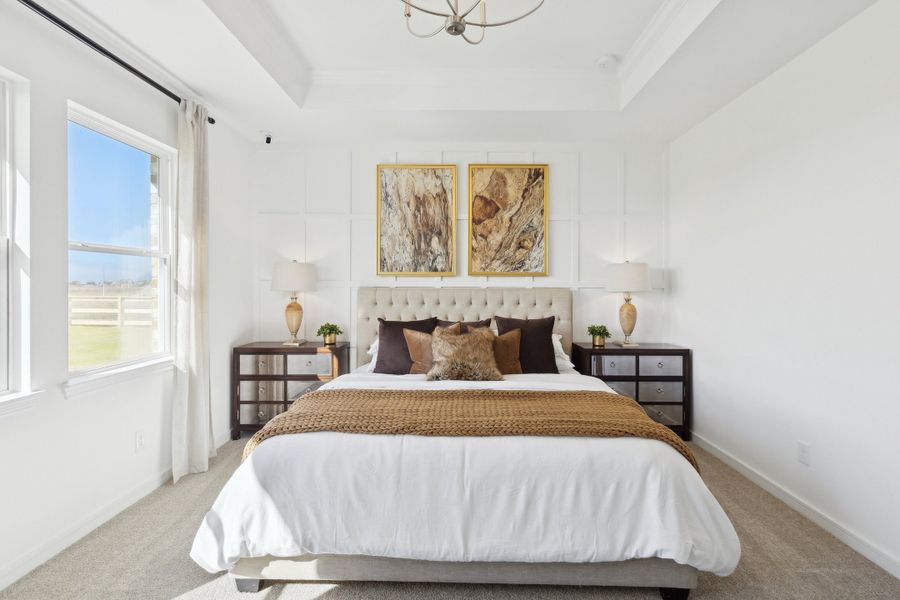 Primary suite with tray ceiling and crown moulding Primary suite with tray ceiling and crown moulding