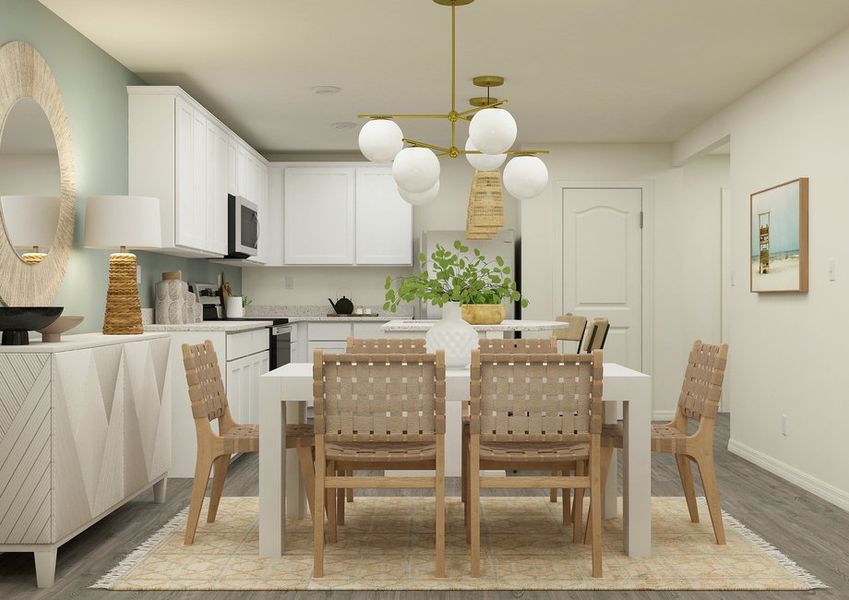 Rendering of the dining room and kitchen.