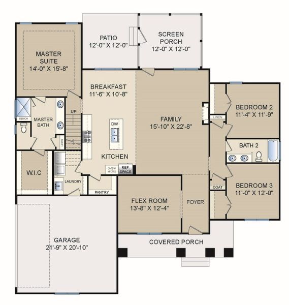 2D floor plan layout for the Jasmine by Grand Oak Homes in Kettle Creek, Zebulon, NC (Image 3).