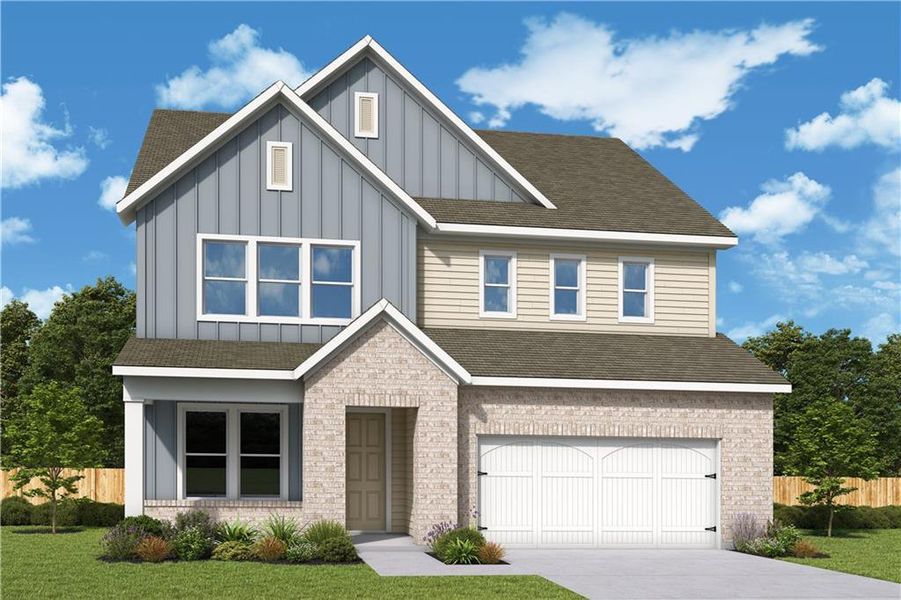 Front exterior of a new home in Settingdown Farms, Cumming, GA, highlighting curb appeal (Image 1). Front exterior of a new home in Settingdown Farms, Cumming, GA, highlighting curb appeal (Image 1).