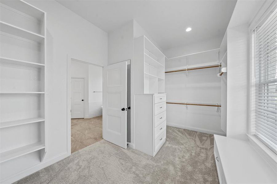 Spacious closet with light carpet and attic access Spacious closet with light carpet and attic access