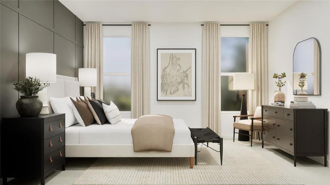 Bedroom with light colored carpet