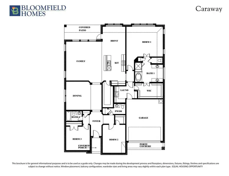 Bloomfield Homes Caraway floor plan with 3 bedrooms, 2 bathrooms, family room, kitchen, and porte cochere garage. Bloomfield Homes Caraway floor plan with 3 bedrooms, 2 bathrooms, family room, kitchen, and porte cochere garage.