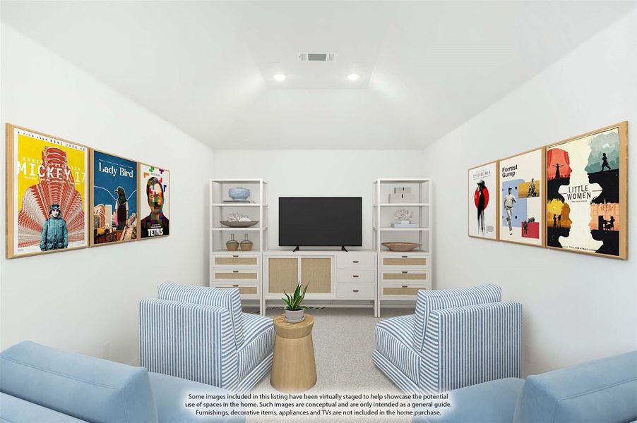 Media room with white built-in shelving, wall-mounted TV, striped chairs, and colorful movie posters on white walls Media room with white built-in shelving, wall-mounted TV, striped chairs, and colorful movie posters on white walls