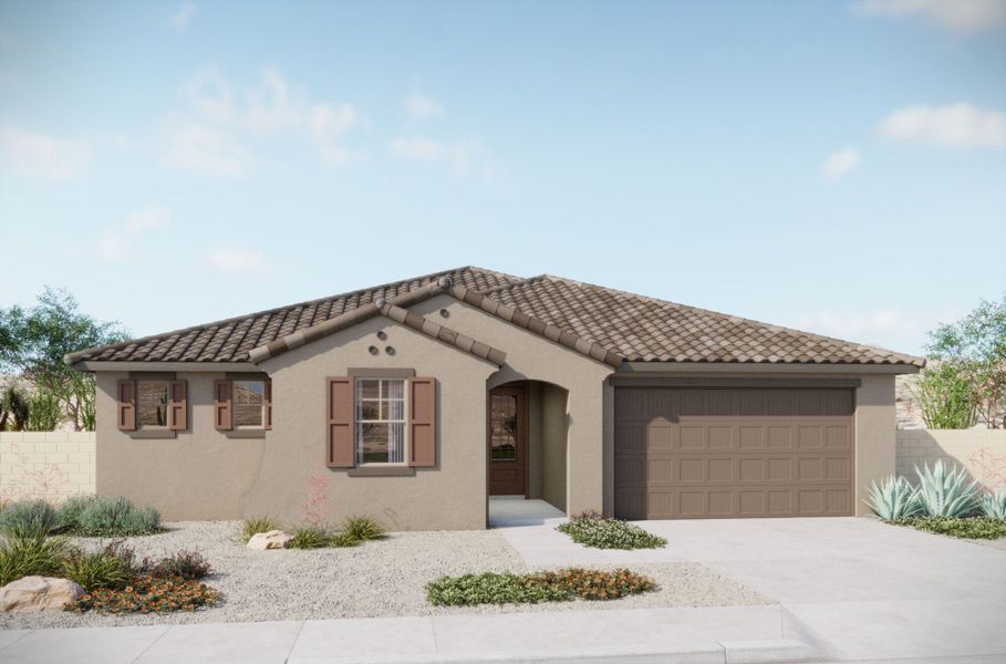 Representative exterior photo of a completed home built from the Burgundy by Mattamy Homes in Tavira at Twin Peaks, Oro Valley, AZ (Image 4). Representative exterior photo of a completed home built from the Burgundy by Mattamy Homes in Tavira at Twin Peaks, Oro Valley, AZ (Image 4).