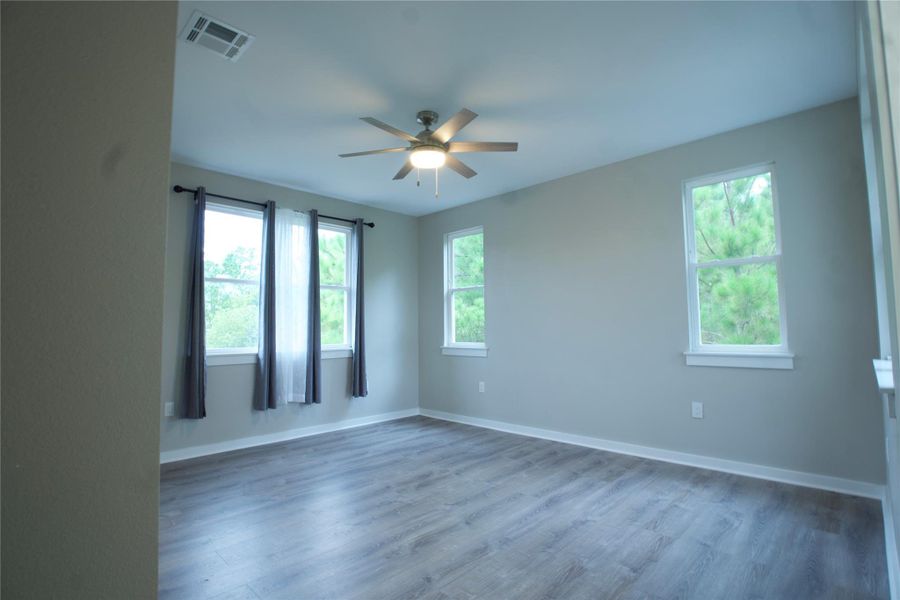 Primary bedroom featuring wood finished floors, plenty of natural light, and ceiling fan