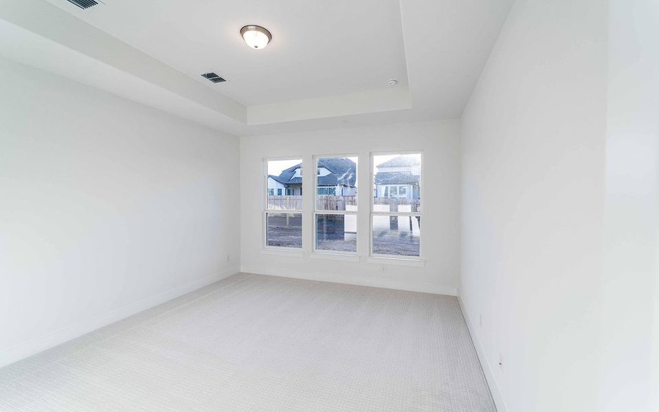 Empty room with light colored carpet and a raised ceiling