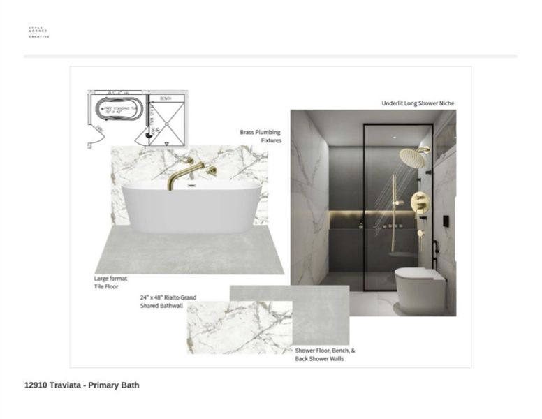 A spa-quality retreat with freestanding soaking tub, oversized walk-in shower, and underlit niche. Includes large-format porcelain tile, quartz countertops, and custom wood vanity. Premium brass plumbing fixtures and backlit mirrors enhance the atmosphere. A spa-quality retreat with freestanding soaking tub, oversized walk-in shower, and underlit niche. Includes large-format porcelain tile, quartz countertops, and custom wood vanity. Premium brass plumbing fixtures and backlit mirrors enhance the atmosphere.