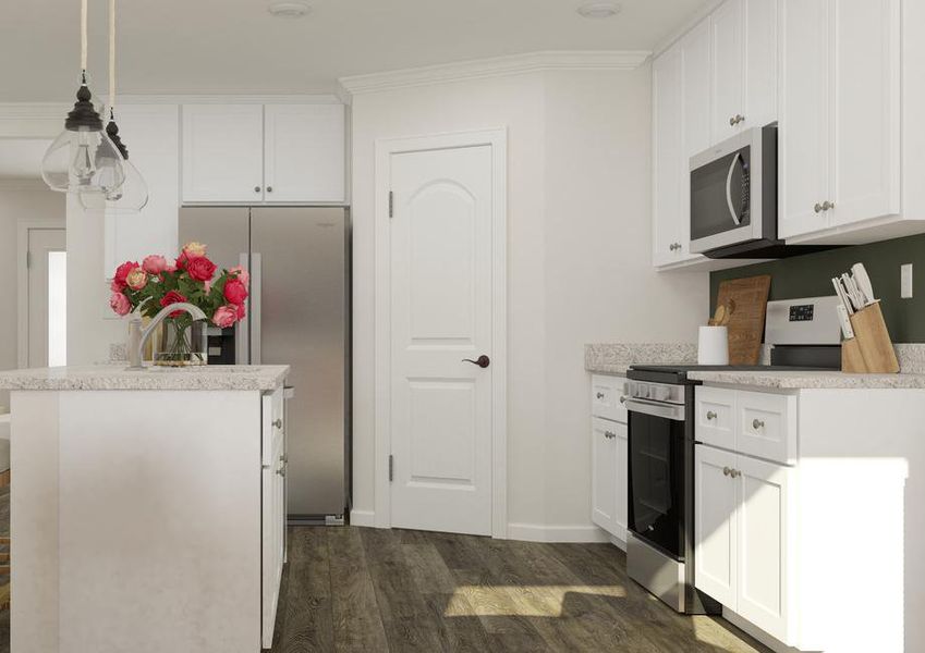 Rendering of the kitchen in this new
  home. The space has vinyl plank flooring, white cabinetry, granite
  countertops and stainless steel Whirlpool brand appliances.