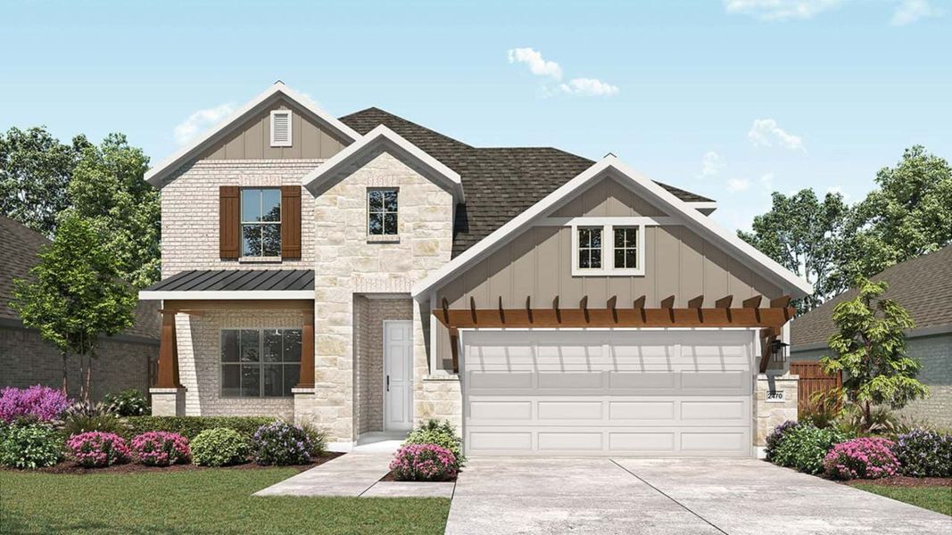 Representative exterior photo of a completed home built from the Hickory by DRB Homes in Meyer Ranch – Premier, New Braunfels, TX (Image 6). Representative exterior photo of a completed home built from the Hickory by DRB Homes in Meyer Ranch – Premier, New Braunfels, TX (Image 6).