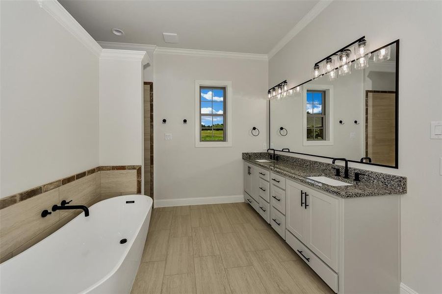 Bathroom featuring ornamental molding, a freestanding tub, and double vanity