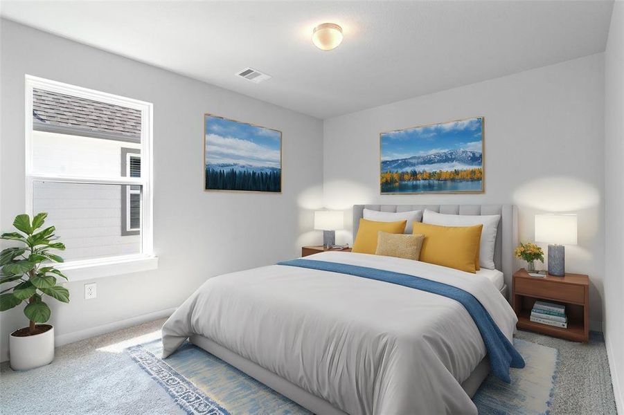 Secondary bedroom features plush carpet, custom paint, high ceilings, and a large window with privacy blinds.