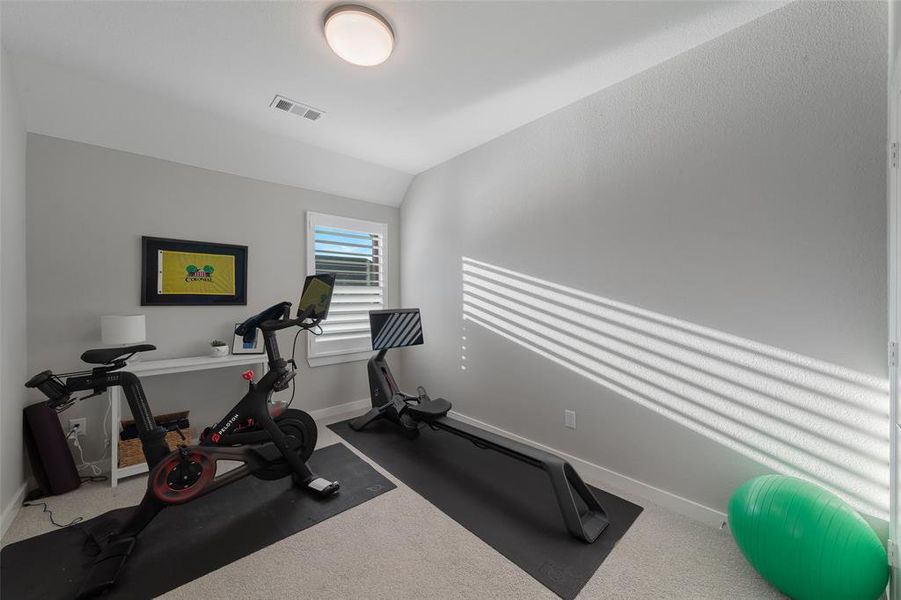 Workout room with lofted ceiling, baseboards, and visible vents